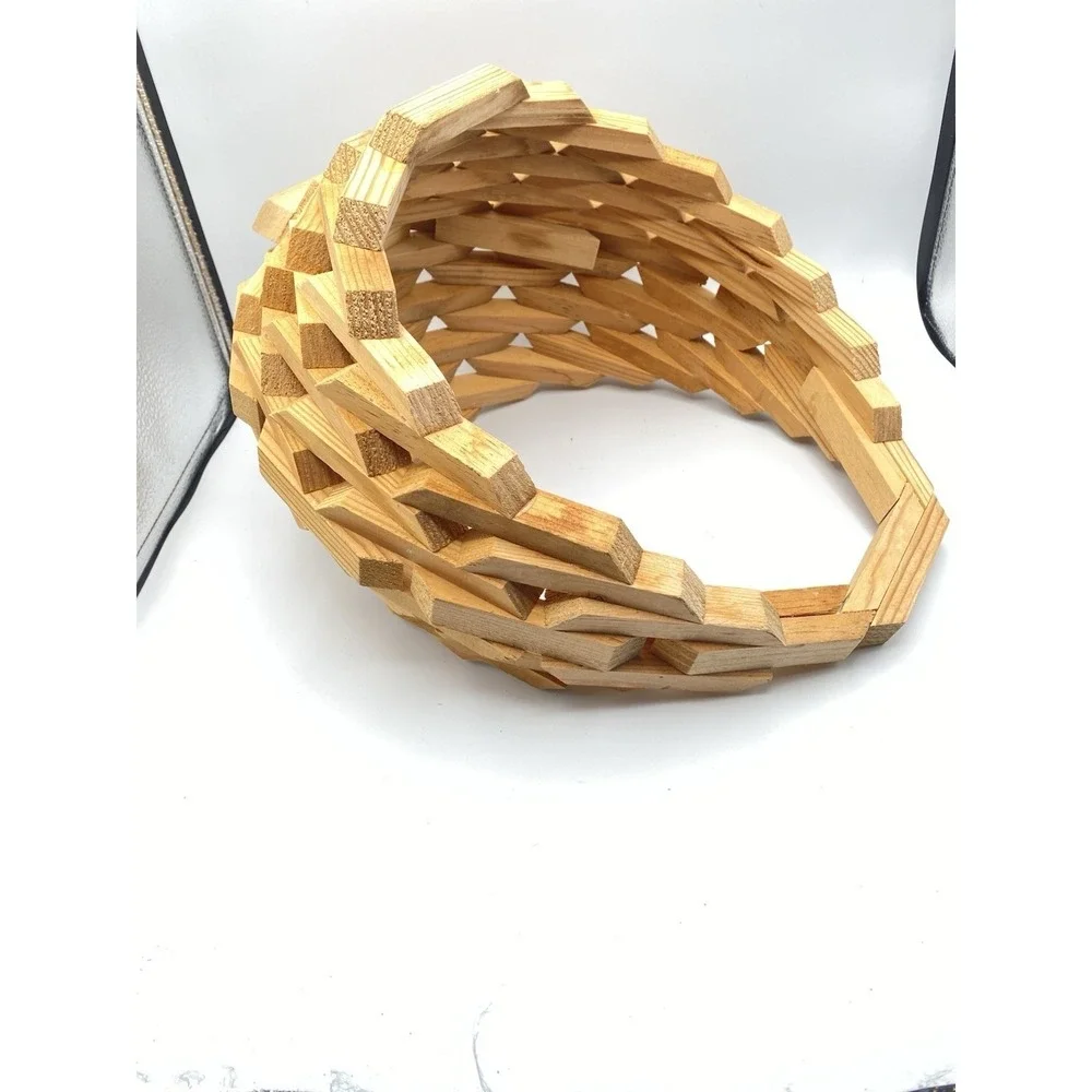 Vintage MCM Handmade Wood Geometric Block‎ Basket Bowl Mid Century Decor